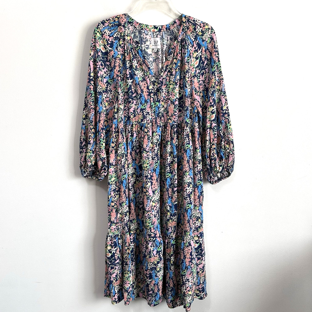 Gap Maternity Dress S Balloon Sleeve Tiered Multicolored Spring Floral Buttons‎